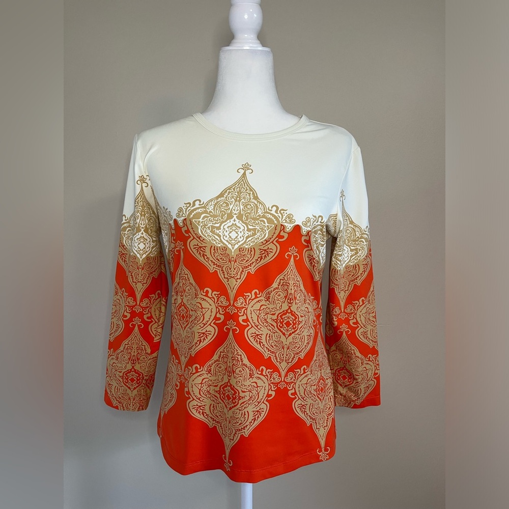 J. McLaughlin Orange, Gold and Ivory Scroll Catalina Cloth 3/4 Sleeve Top